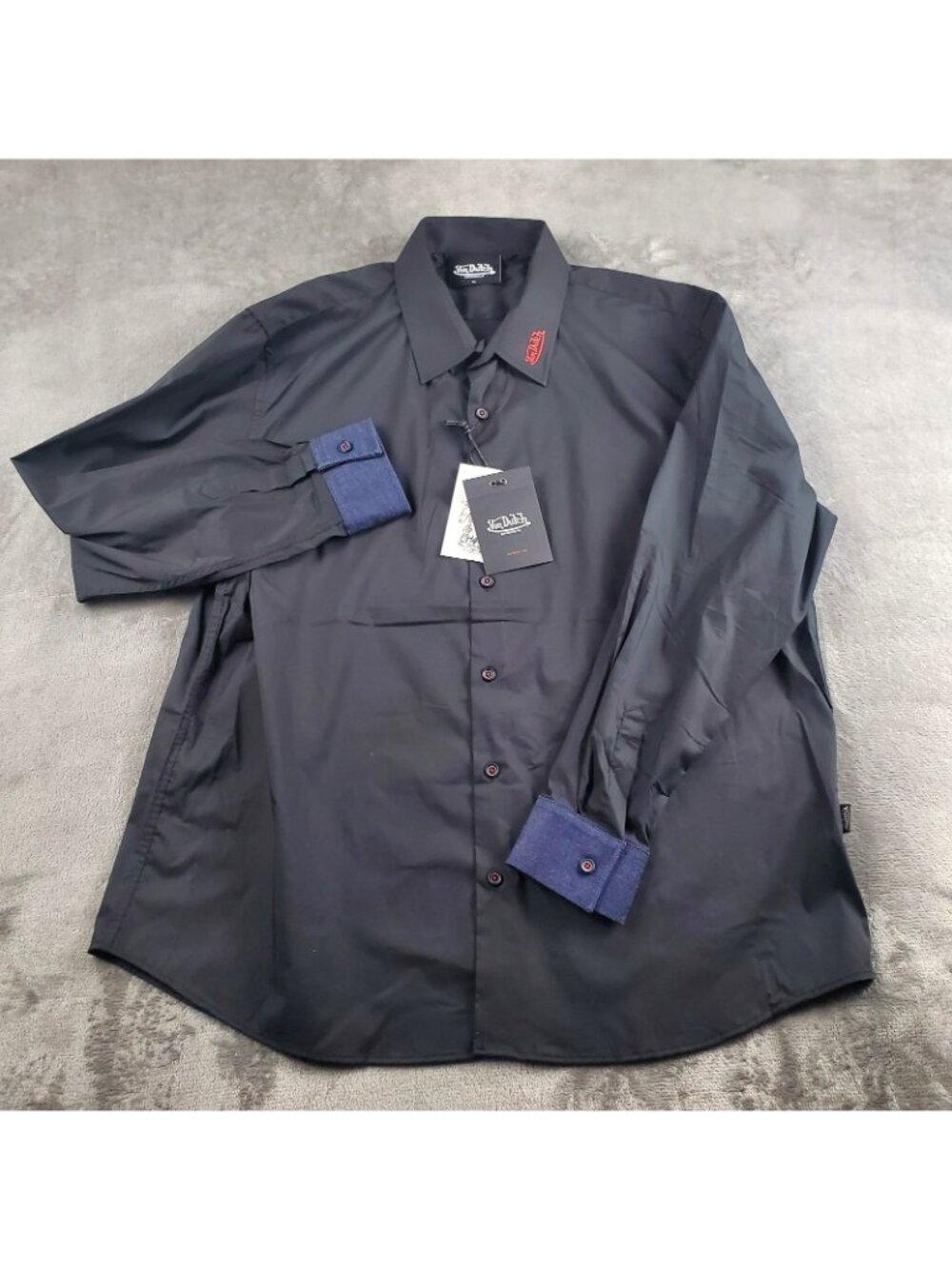 Von Dutch Originals Black Button Up Long Sleeve Mens XL Lion Logo Denim Cuff New